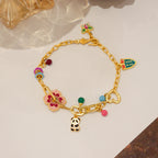 Bracelet à breloques en émail avec panda et fleurs fantaisie | Doré 