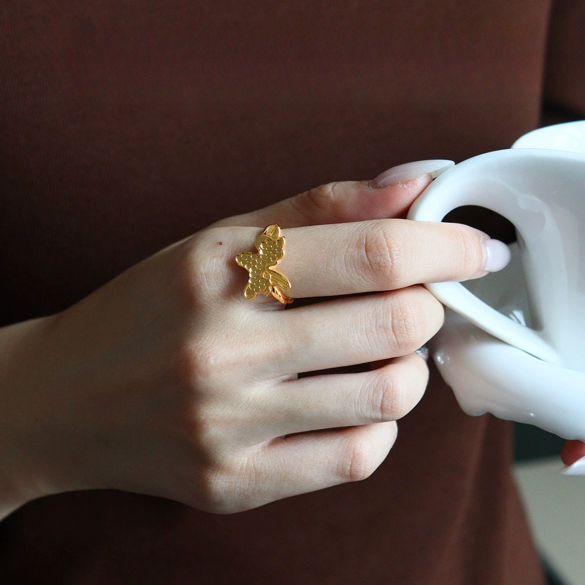 Bague ajustable licorne fantaisie dorée texturée