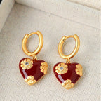 Ensemble de bijoux en émail bordeaux en forme de cœur floral | Collier et boucles d'oreilles 