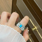 Vintage Style Wide Pearl & Crystal Ring with Blue Stone