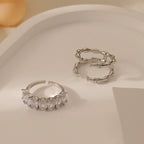 Ensemble de bagues empilables en bambou argenté et cristal ovale | Ajustable