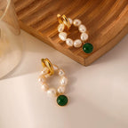Baroque Pearl Hoop Earrings with Emerald Green Charm