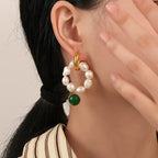 Baroque Pearl Hoop Earrings with Emerald Green Charm