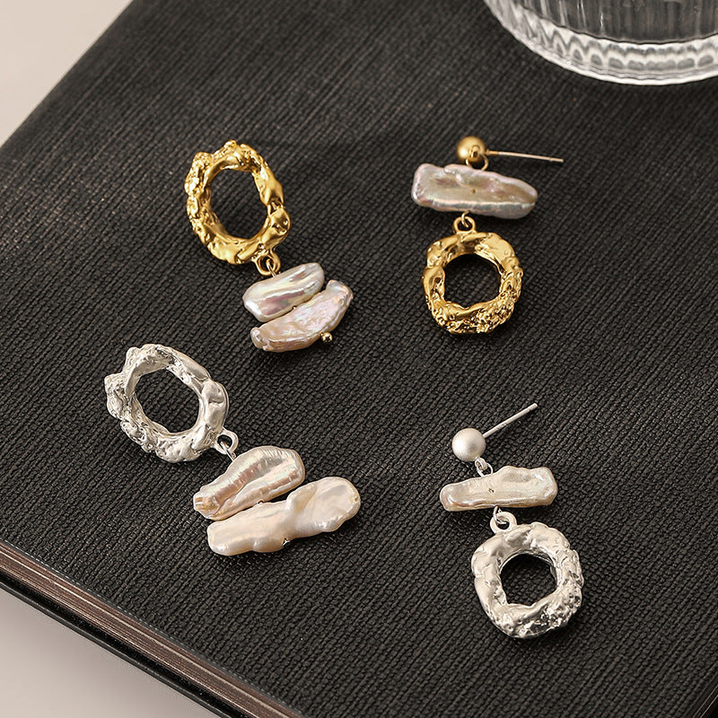 Artisan Irregular Texture Baroque Pearl Asymmetrical Earrings | Plated Gold/Silver Metal