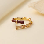 Bague ajustable en bambou, pavée d'émail et de cristaux | Or 