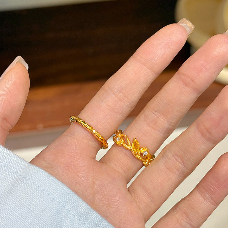 Ensemble de bagues ajustables délicates en or, motif bambou et vigne florale