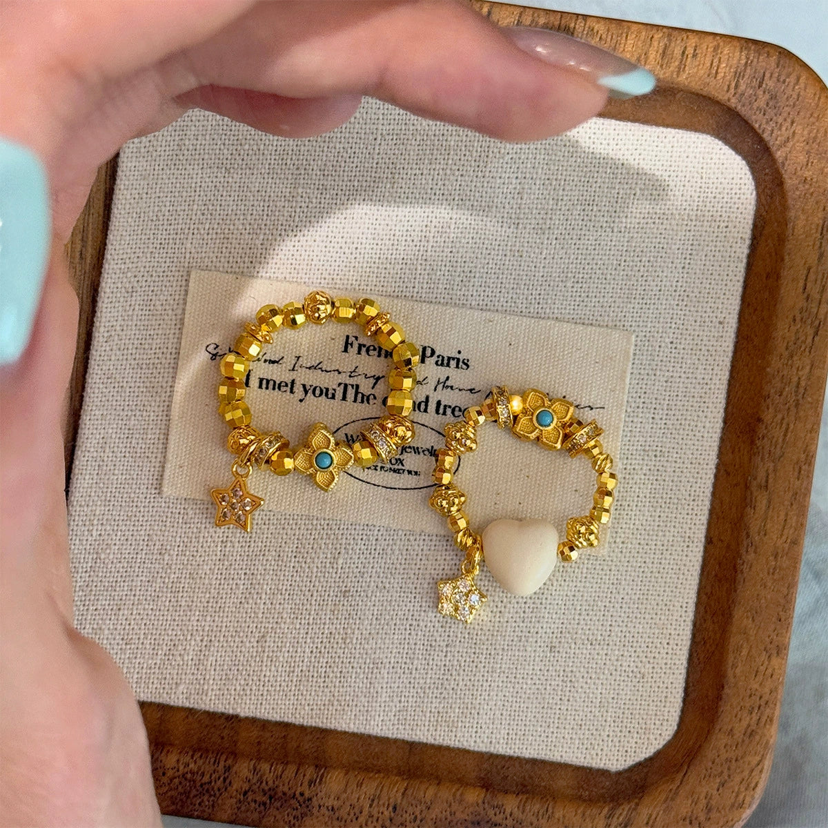 Ensemble de bagues extensibles dorées à perles avec breloques étoile et cœur