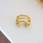 Bague ajustable triple rangée de cristaux en bambou | Bague empilable dorée 