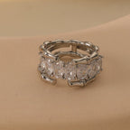 Ensemble de bagues empilables en bambou argenté et cristal ovale | Ajustable