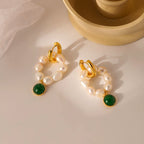 Baroque Pearl Hoop Earrings with Emerald Green Charm