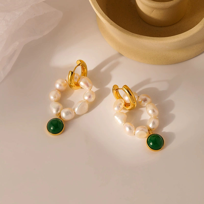 Baroque Pearl Hoop Earrings with Emerald Green Charm